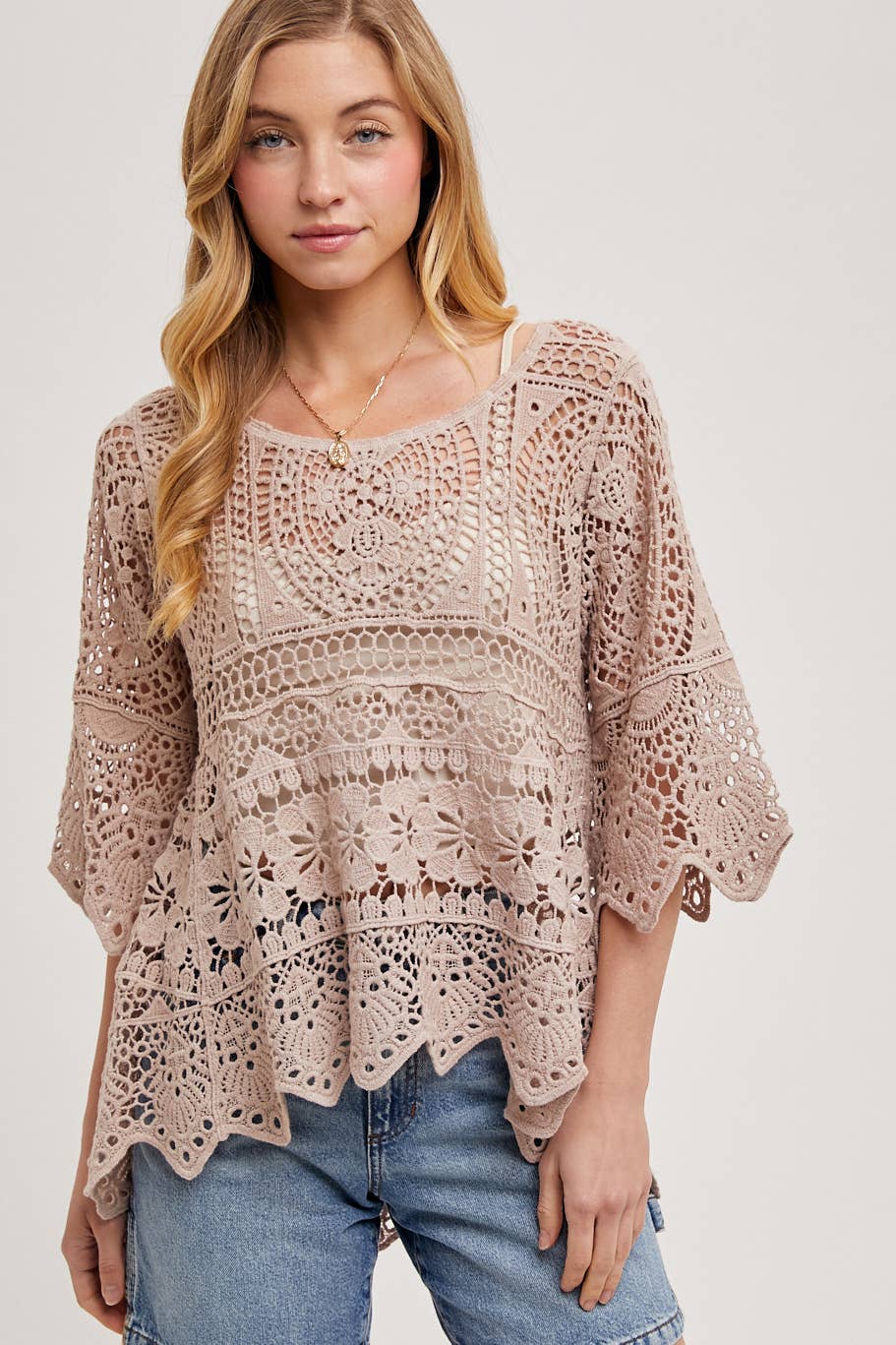 BEACH COVER-UP SHEER CROCHET TOP WITH NO LINING: NATURAL