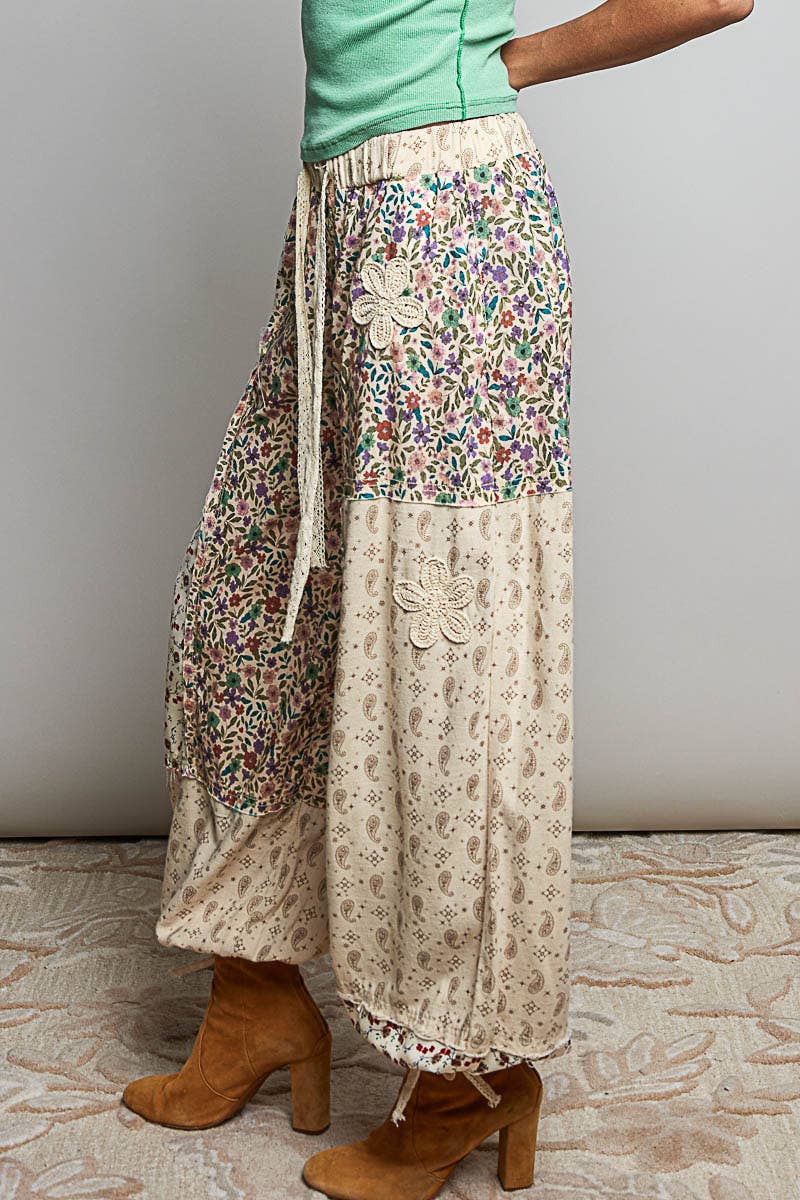 Crochet Patch Detail Contrast Patchwork Printed Woven Pants: CREAM MULTI / S