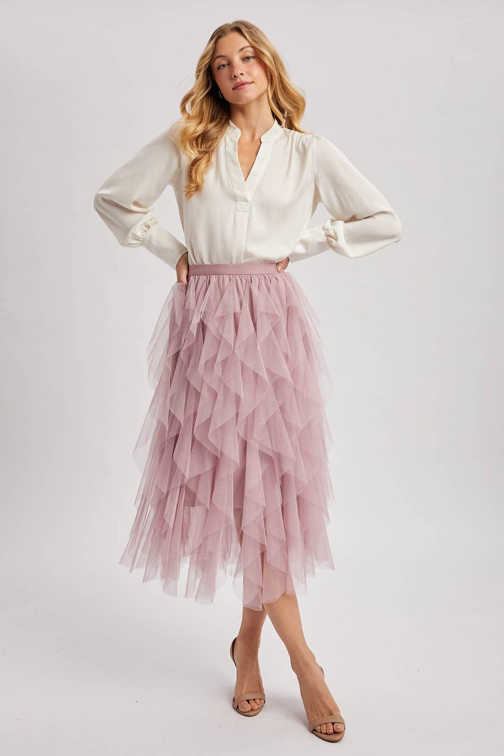 SPRIAL RUFFLED TULLE MIDI SKIRT - EASTER DAY: ROSE / M