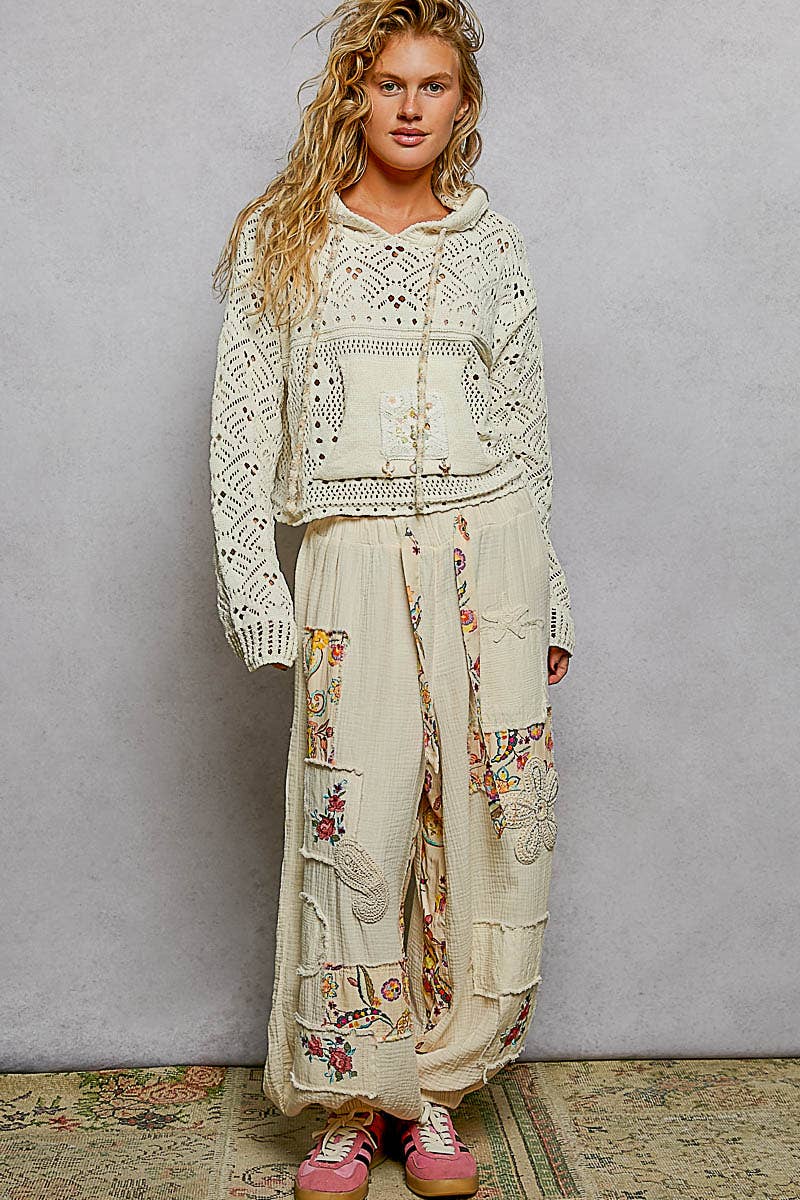 Chenille Crochet Lightweight Pullover Hoodie Sweater: NATURAL / M