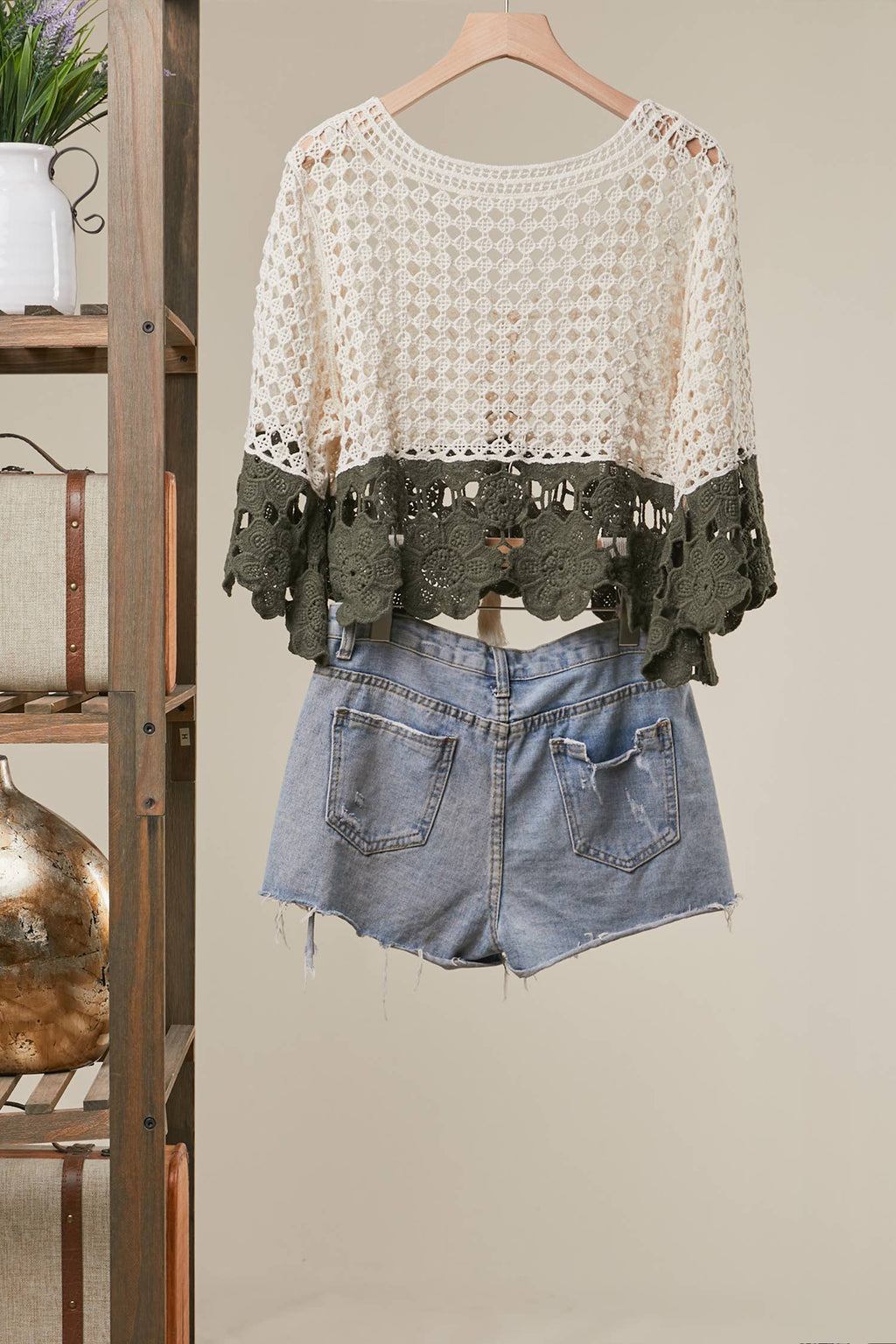 Boho Color Block Crochet Top: Ivory/Olive