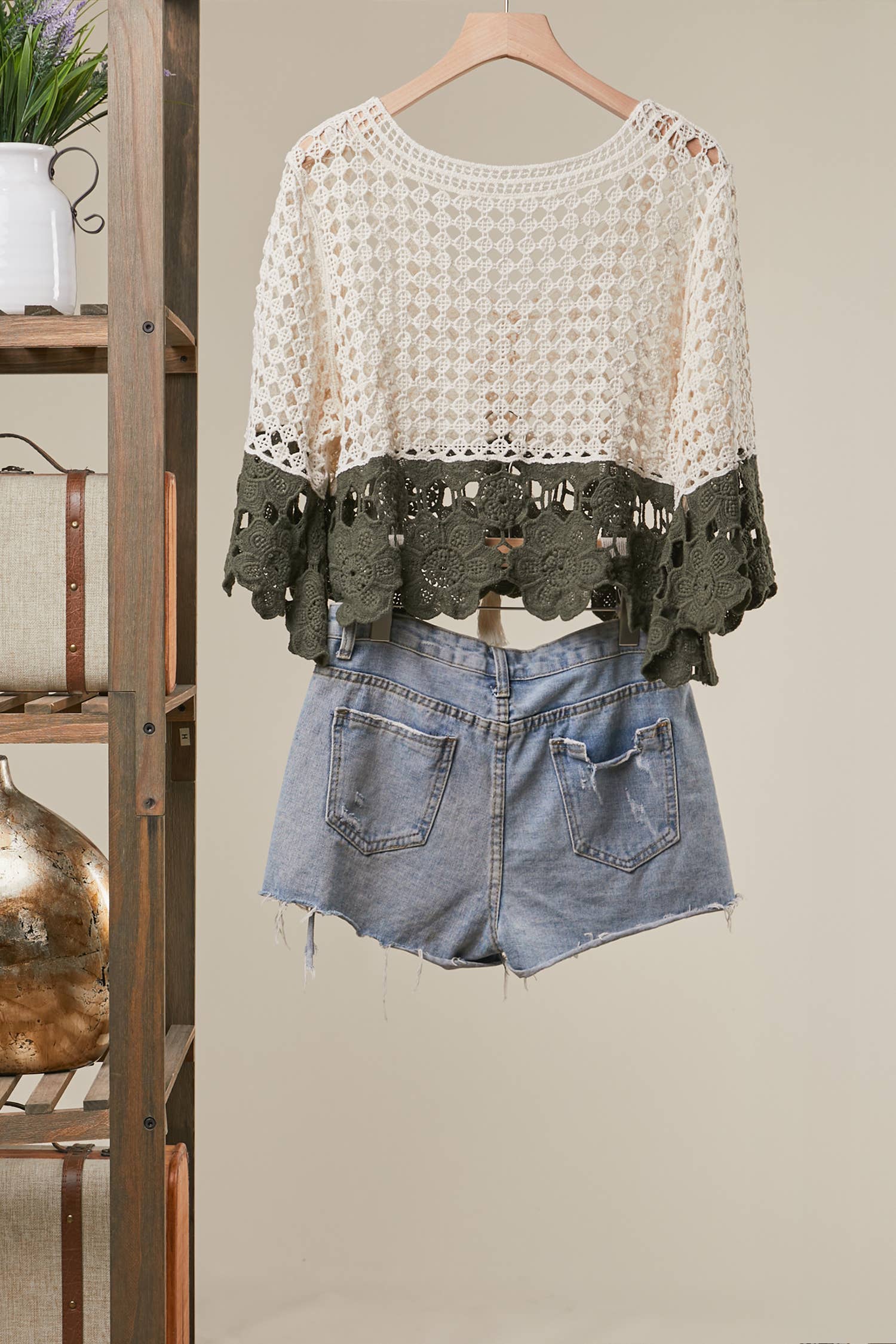 Boho Color Block Crochet Top: Ivory/Olive