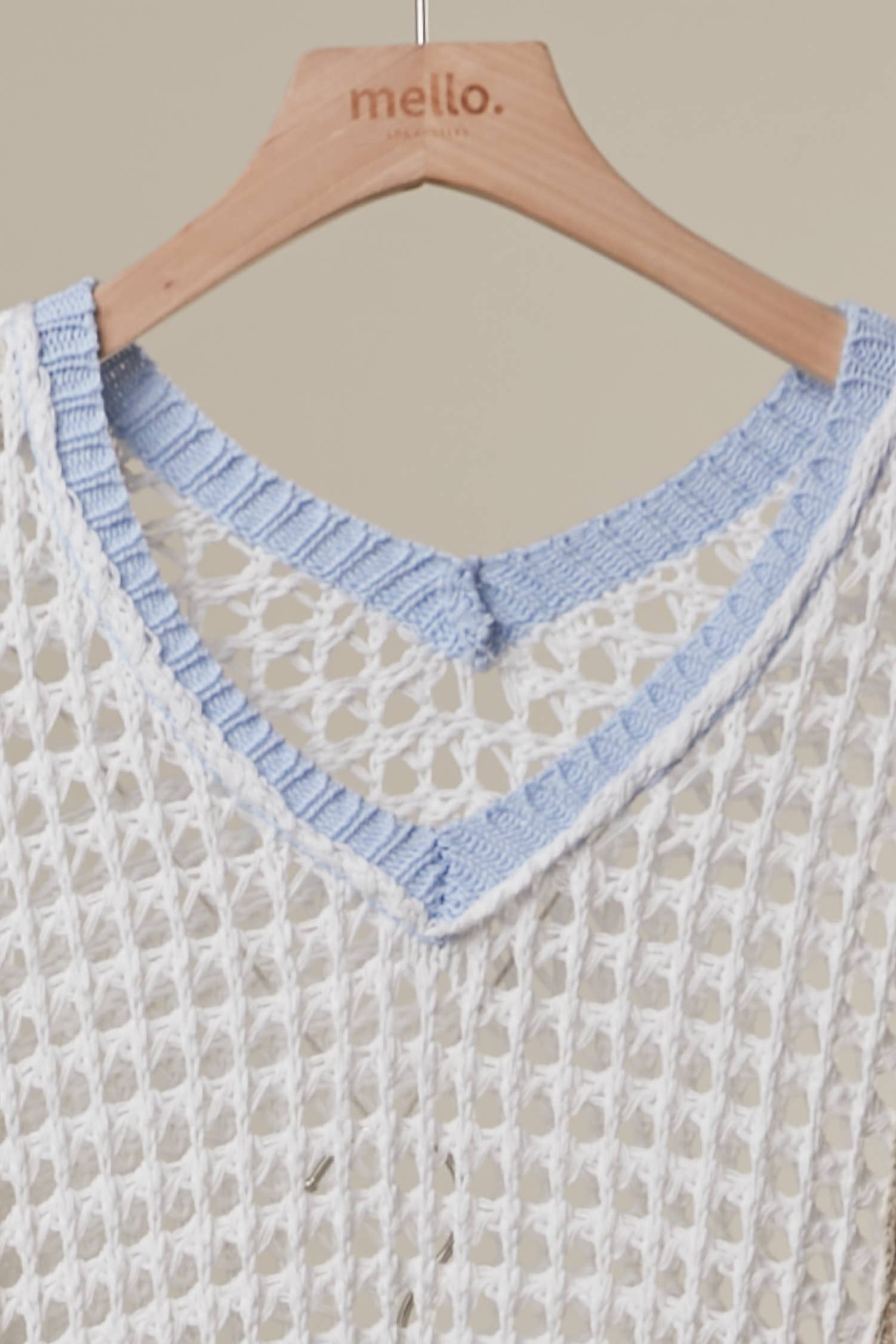 Boho Crochet Patchwork V Neck Short Sleeve Top: Navy
