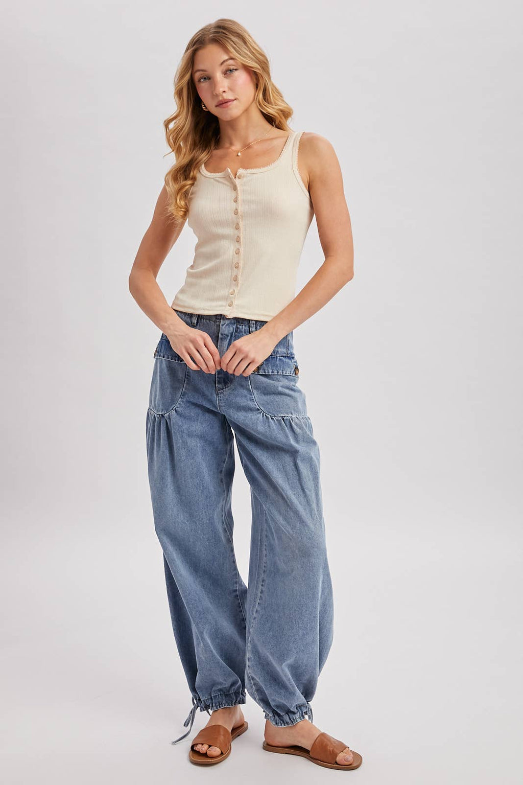 DENIM ANKLE DRAWSTRING BALLOON JEANS: DK.WASH / S