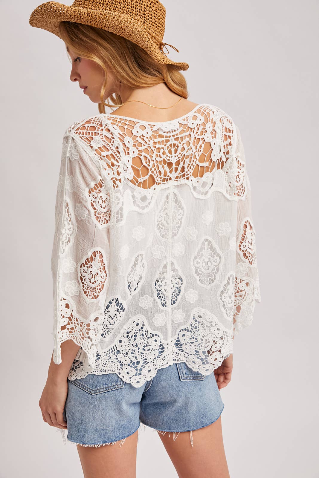 BOHO SHEER CROCHET 3/4 SLEEVED TOP - EASTER DAY: NATURAL / L