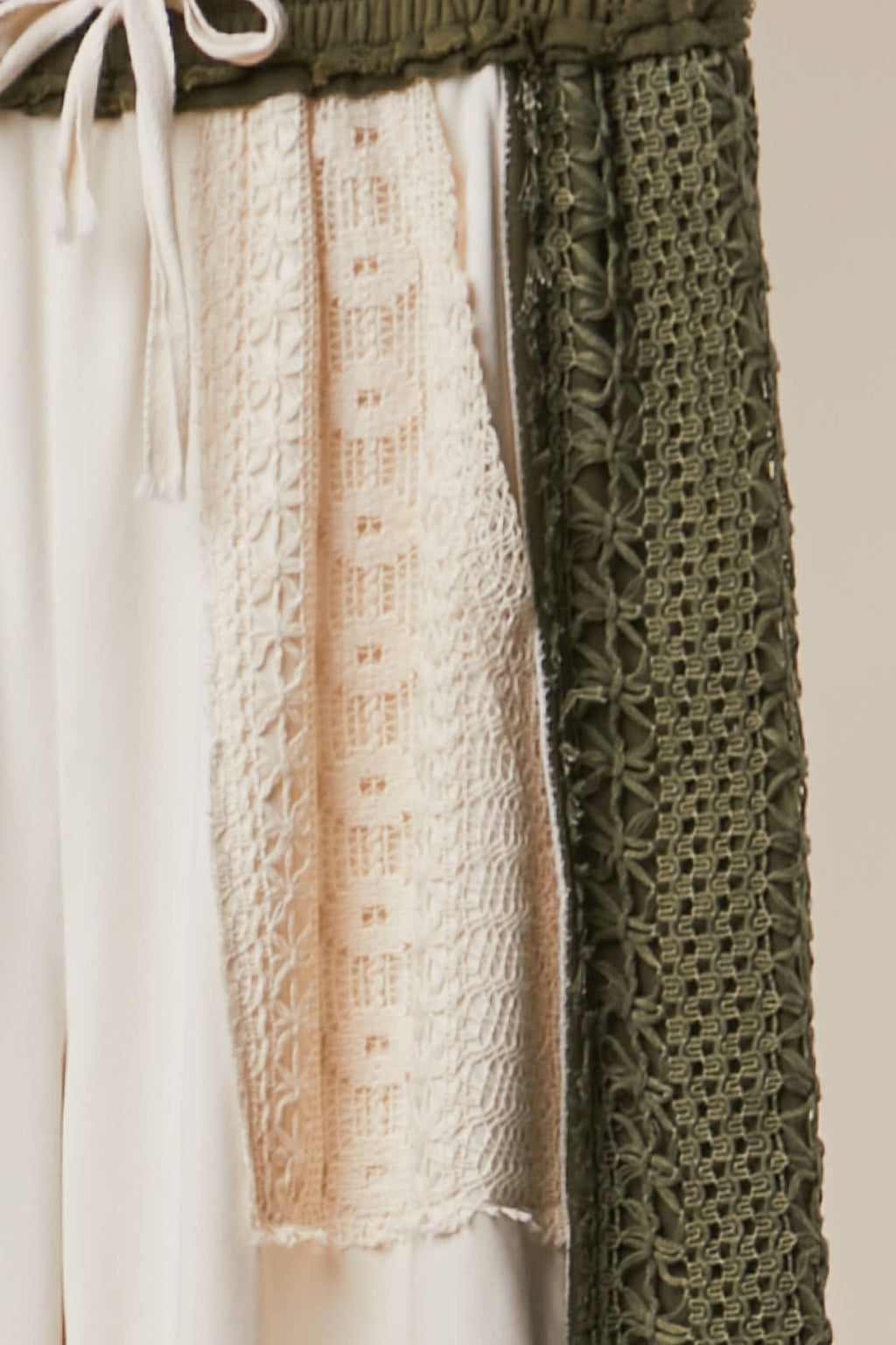 Lace Accents Patchwork Maxi Pants: Olive-Multi / S