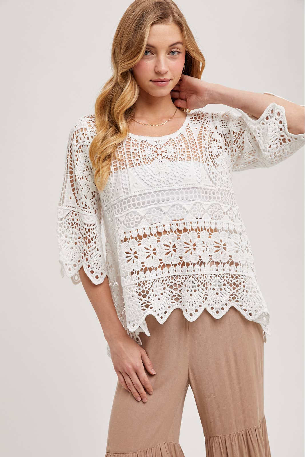 BEACH COVER-UP SHEER CROCHET TOP WITH NO LINING: NATURAL
