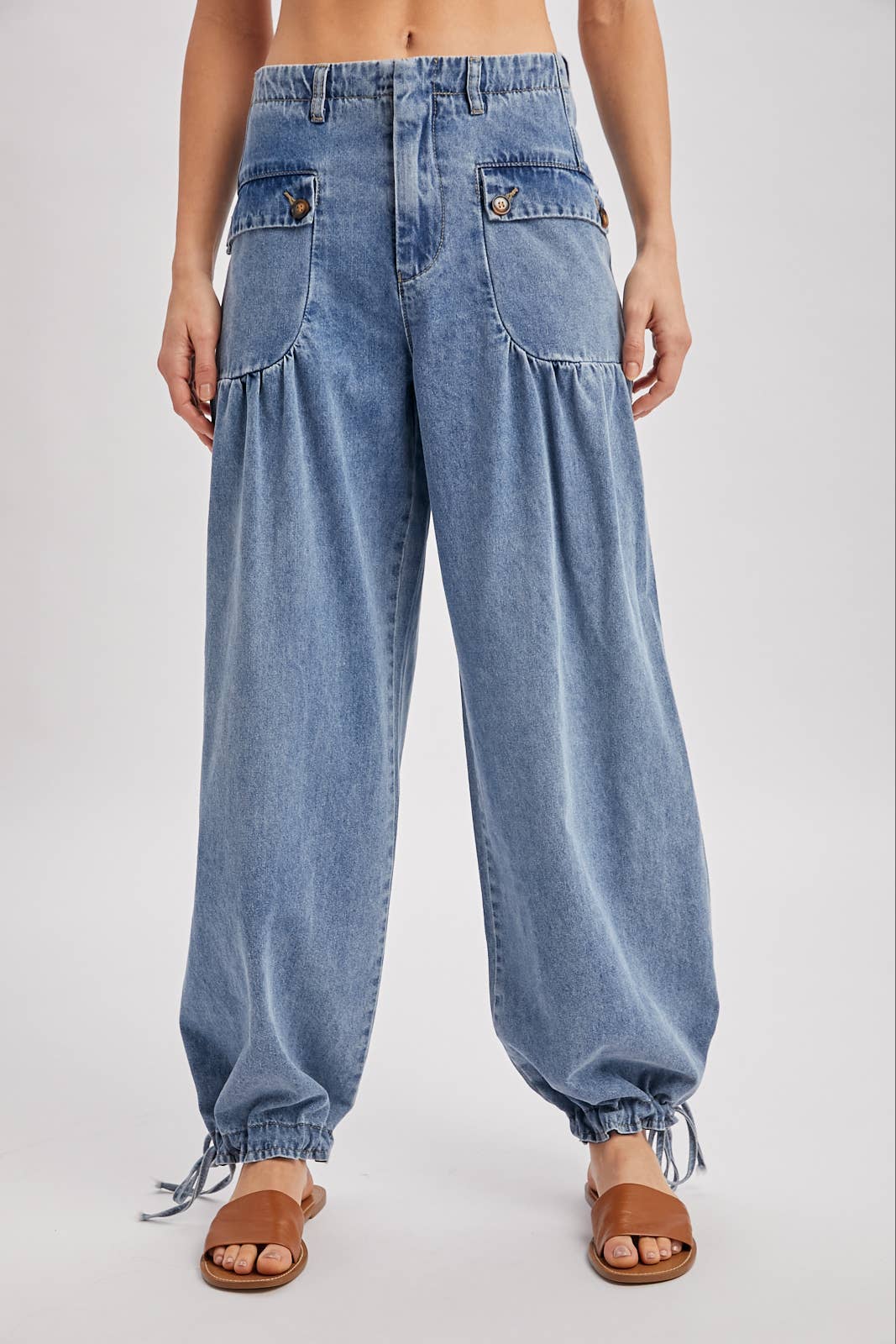 DENIM ANKLE DRAWSTRING BALLOON JEANS: DK.WASH / S