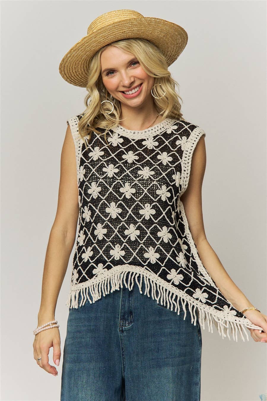 FRINGE HEM CROCHET TOP- LET4265: BEIGE / ONESIZE(6)