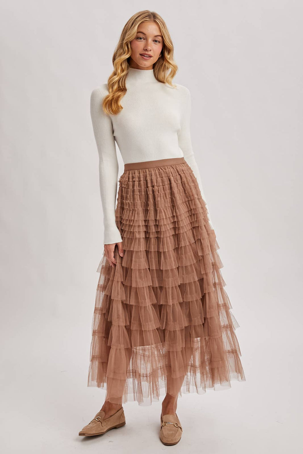 RUFFLED TULLE MIDI SKIRT: MAUVE / M