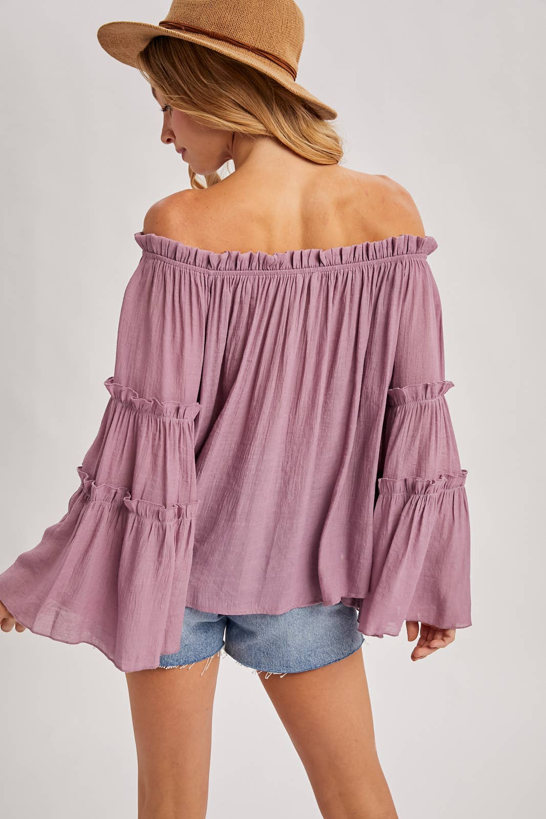 TEXTURED BELL SLEEVE OFF THE SHOULDER TOP: ROSE / S