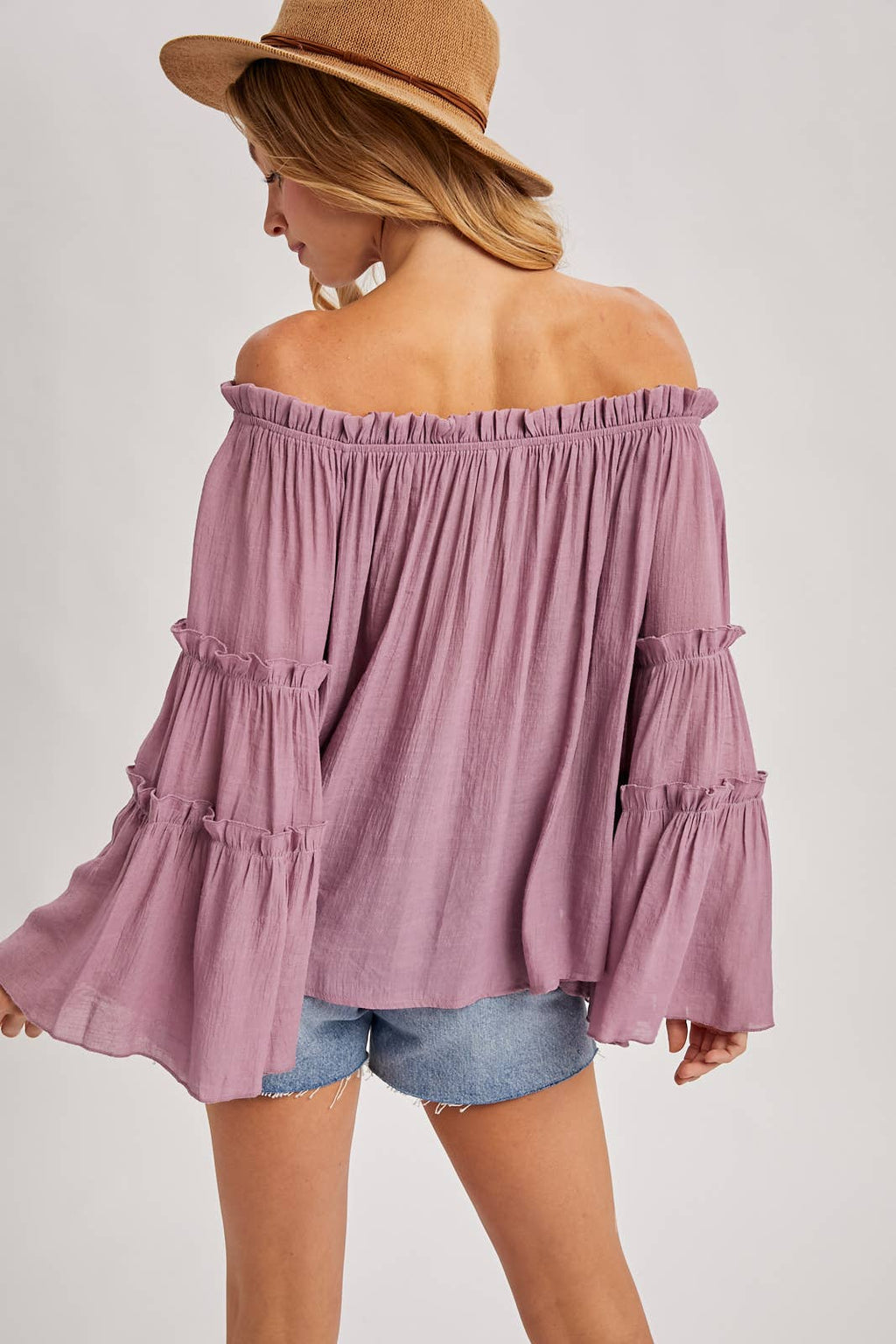 TEXTURED BELL SLEEVE OFF THE SHOULDER TOP: ROSE / L