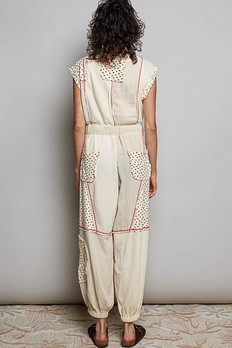 Elastic Hem Waistband Thermal Tapered Overalls: CREAM / L