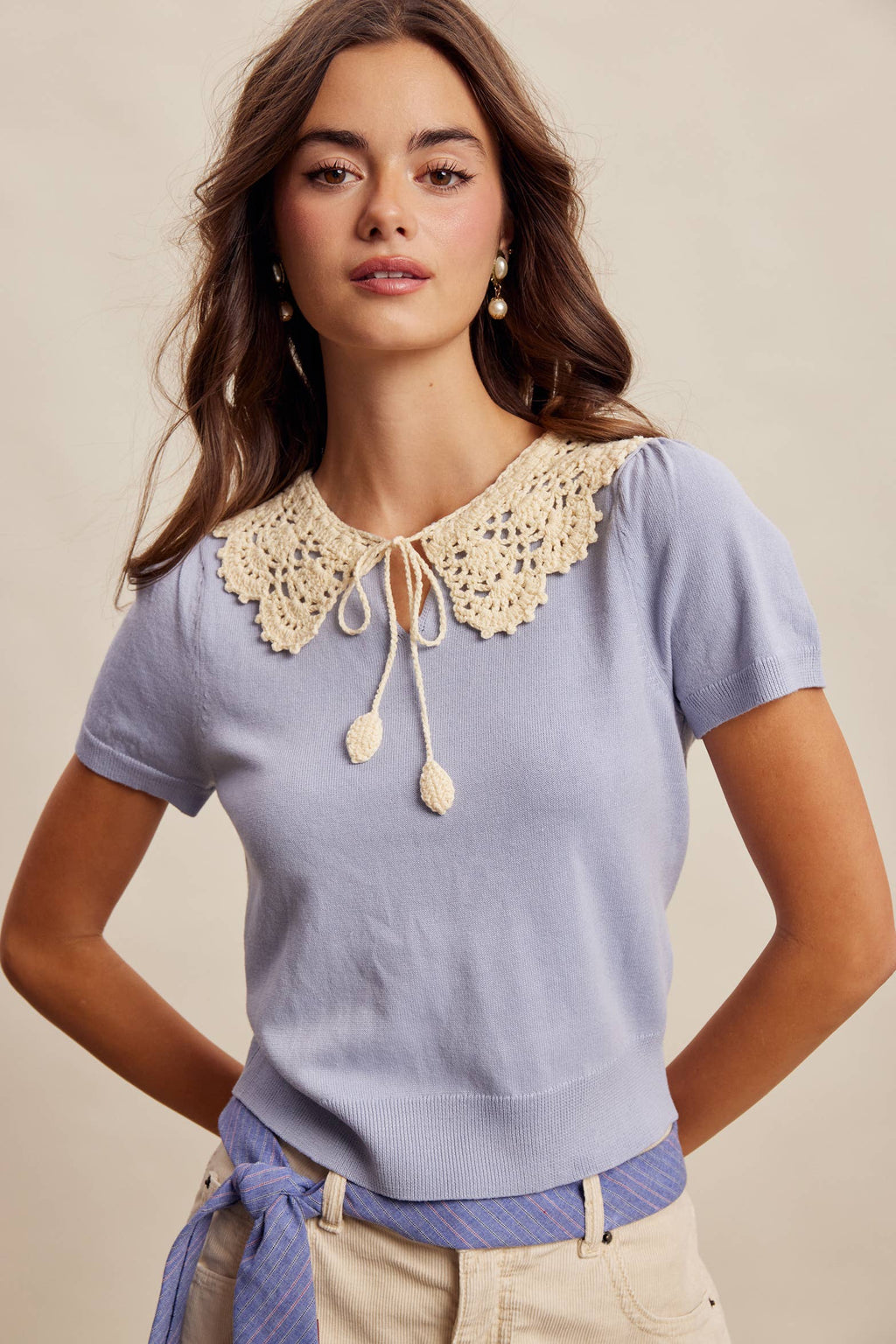 Crochet Collar Short Sleeve Knit Top LSW1048