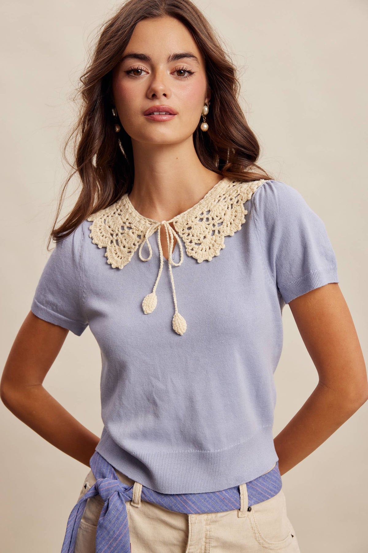 Crochet Collar Short Sleeve Knit Top LSW1048