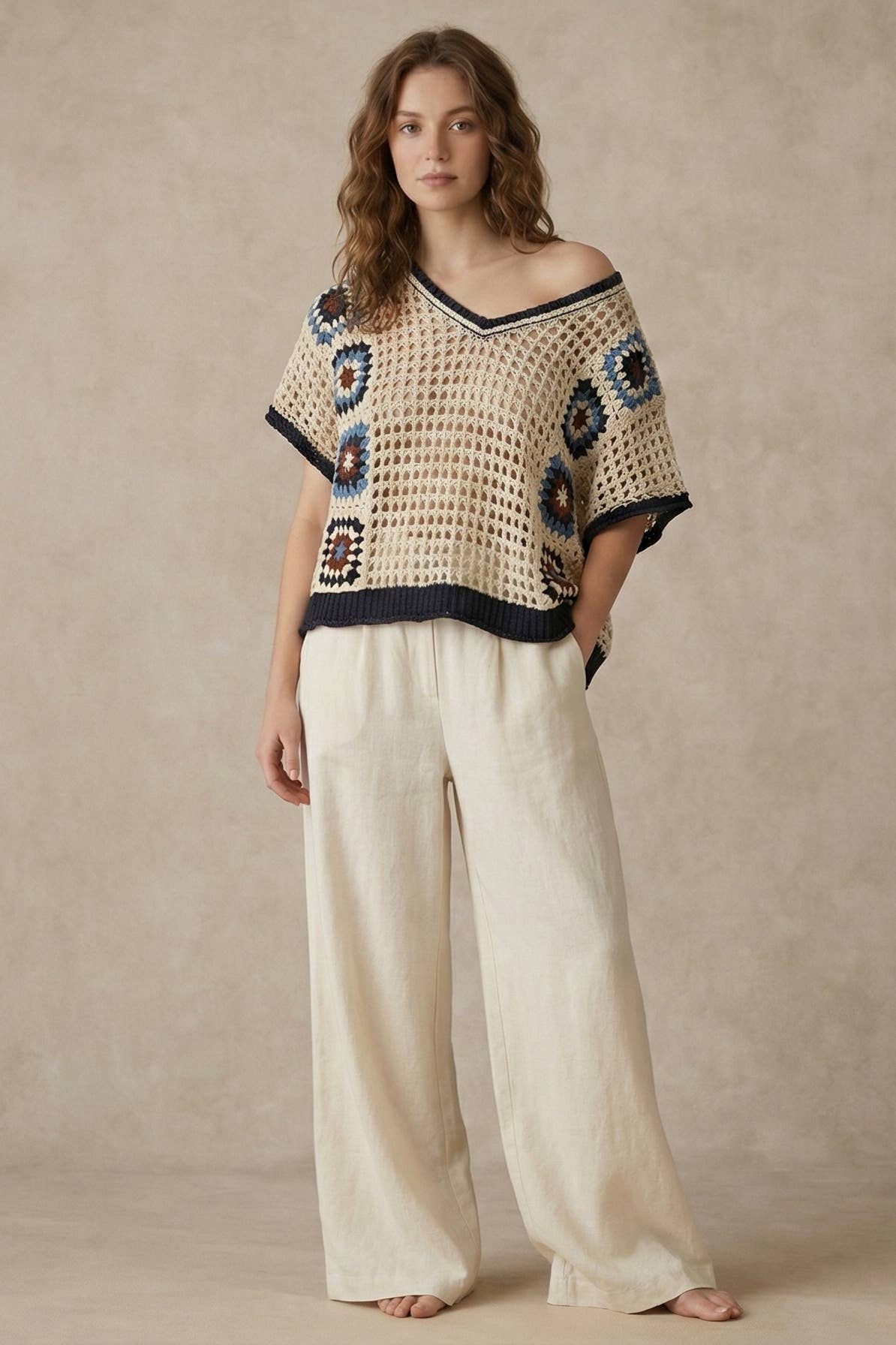 Boho Crochet Patchwork V Neck Short Sleeve Top: Navy