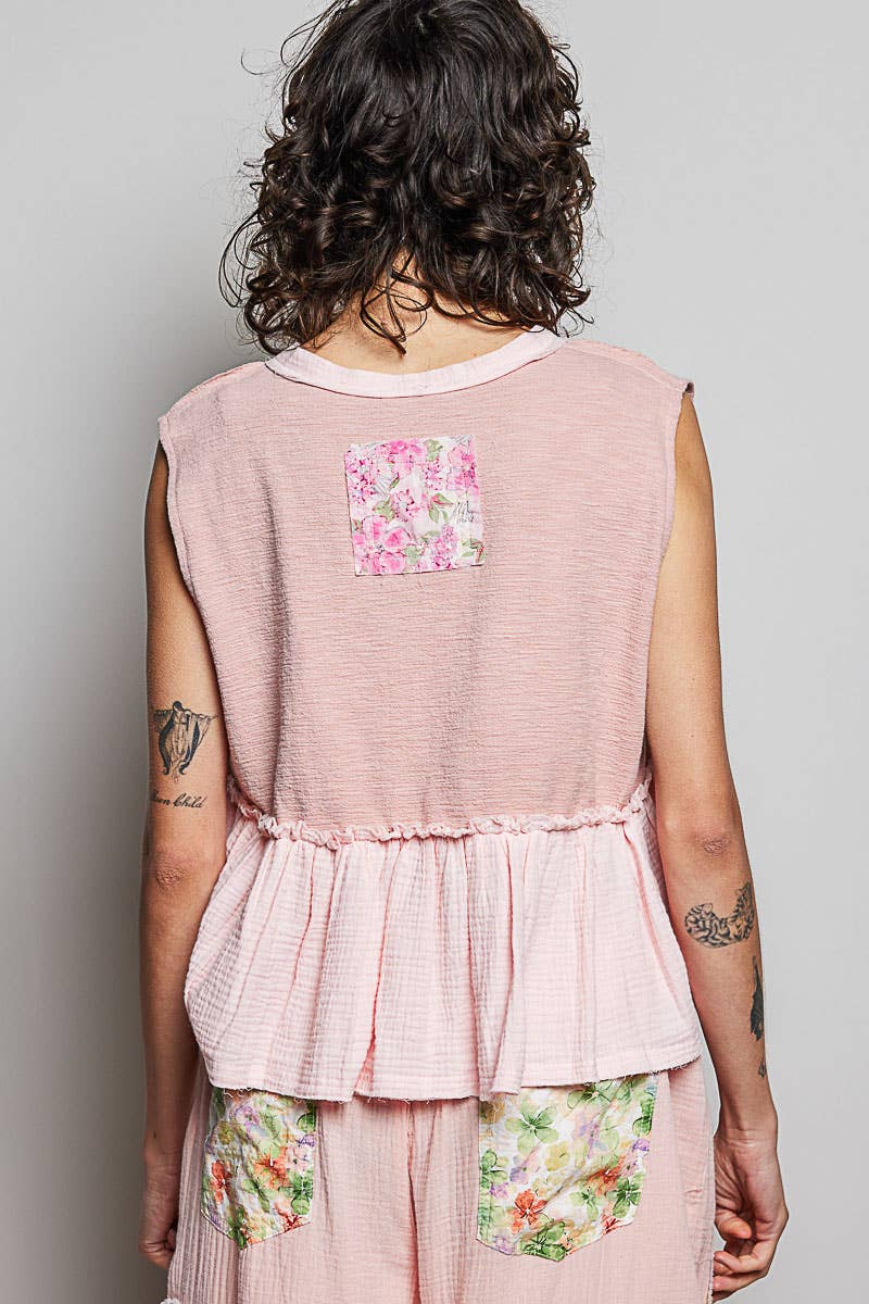 Boho Floral Patch V-Neck Sleeveless Top: NATURAL