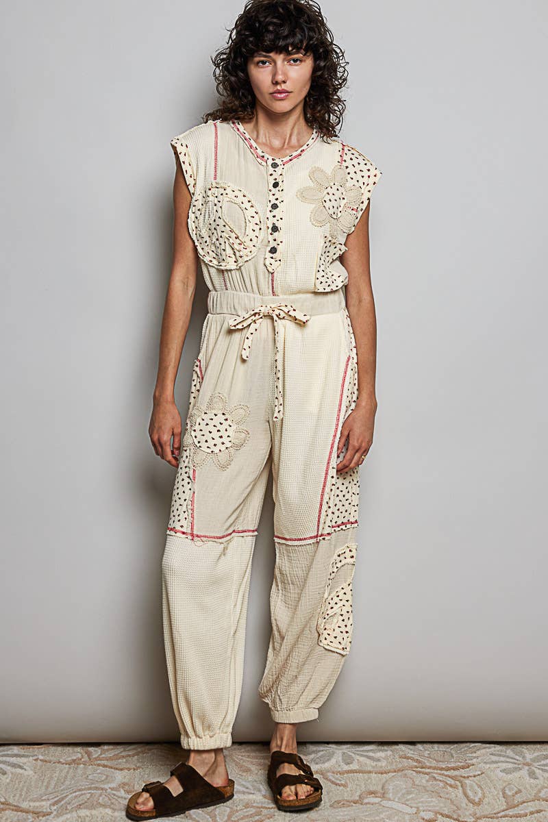 Elastic Hem Waistband Thermal Tapered Overalls: CREAM / S
