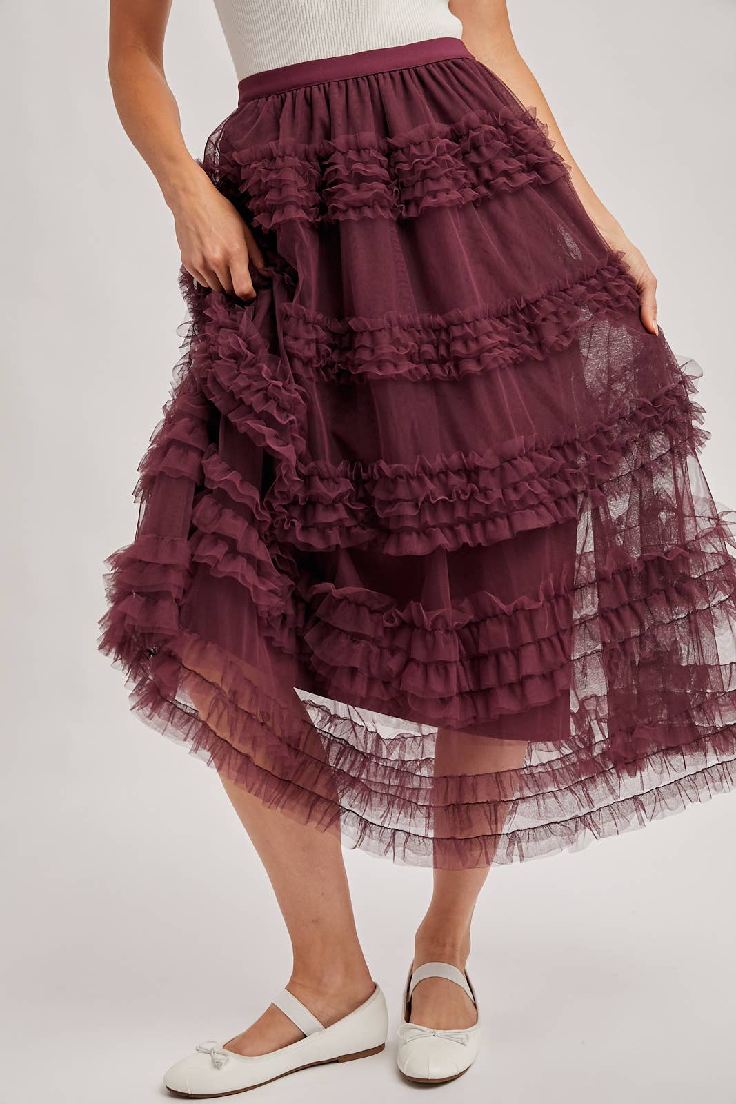 ROMANTIC RUFFLE TIERED TULLE MIDI SKIRT: PLUM / M