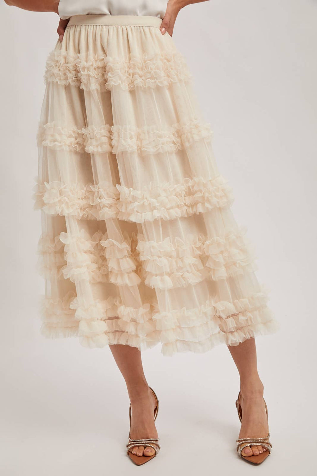 ROMANTIC RUFFLE TIERED TULLE MIDI SKIRT: PLUM / S