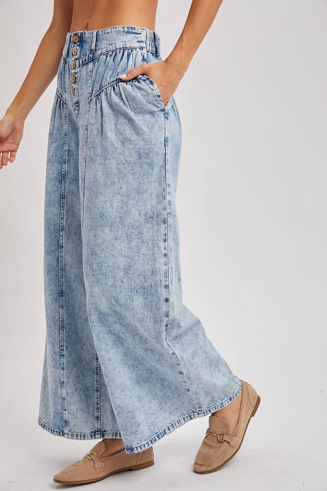 DENIM PLEATED RETRO HIGH-RISE WIDE LEG JEANS: LT.WASH / S