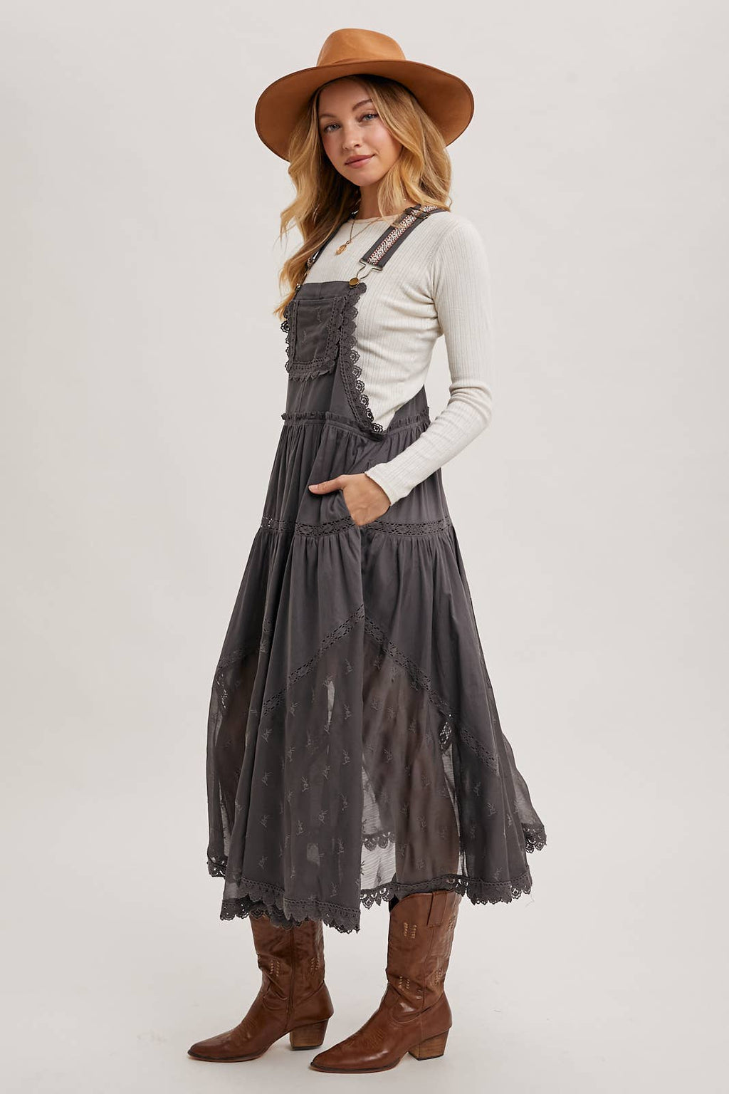 LACE EMBROIDERED TULLE BIB MAXI DRESS: ASH
