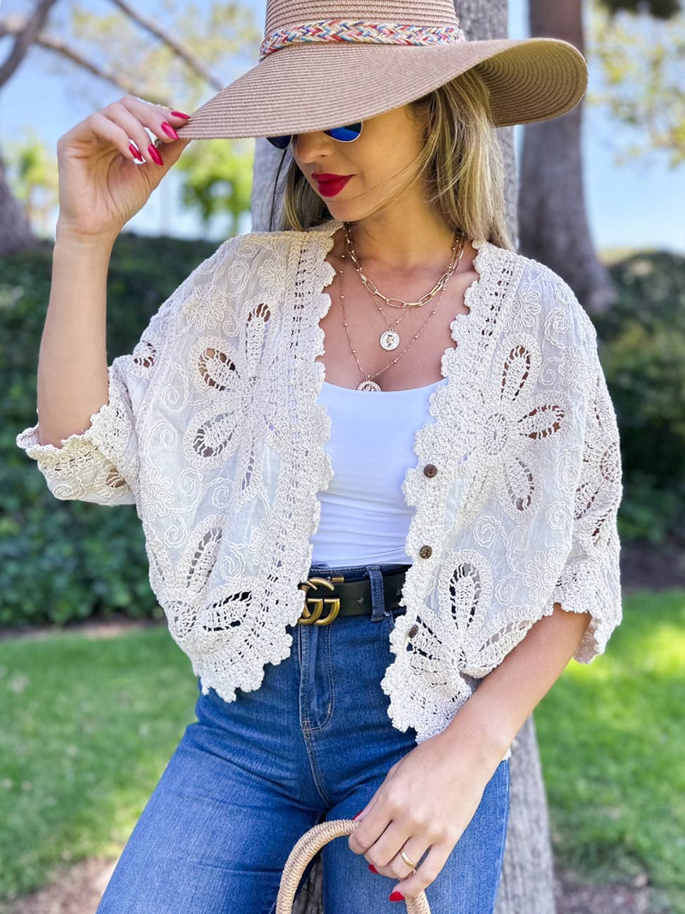 Boho Floral Crochet Button Down Cardigan with Dolman Sleeves: Ivory / One Size