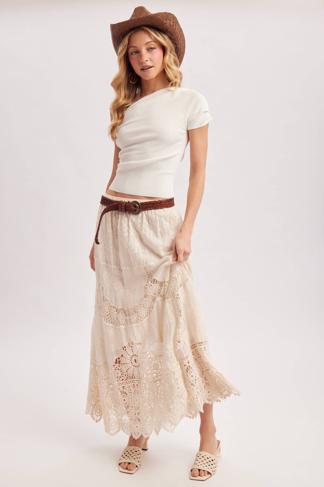 BOHO SHEER LACE MAXI SKIRT WITH LINING: NATURAL / L
