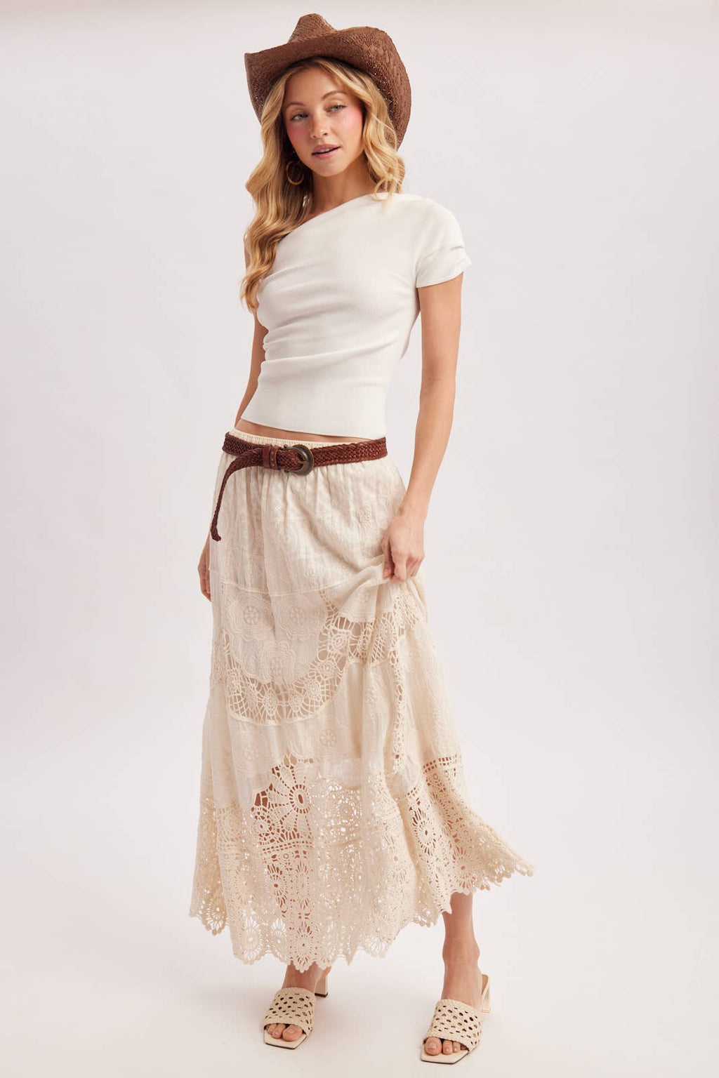 BOHO SHEER LACE MAXI SKIRT WITH LINING: NATURAL / S