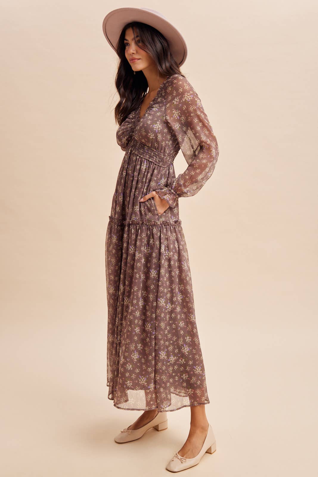 SMOCKED FLORAL MAXI DRESS