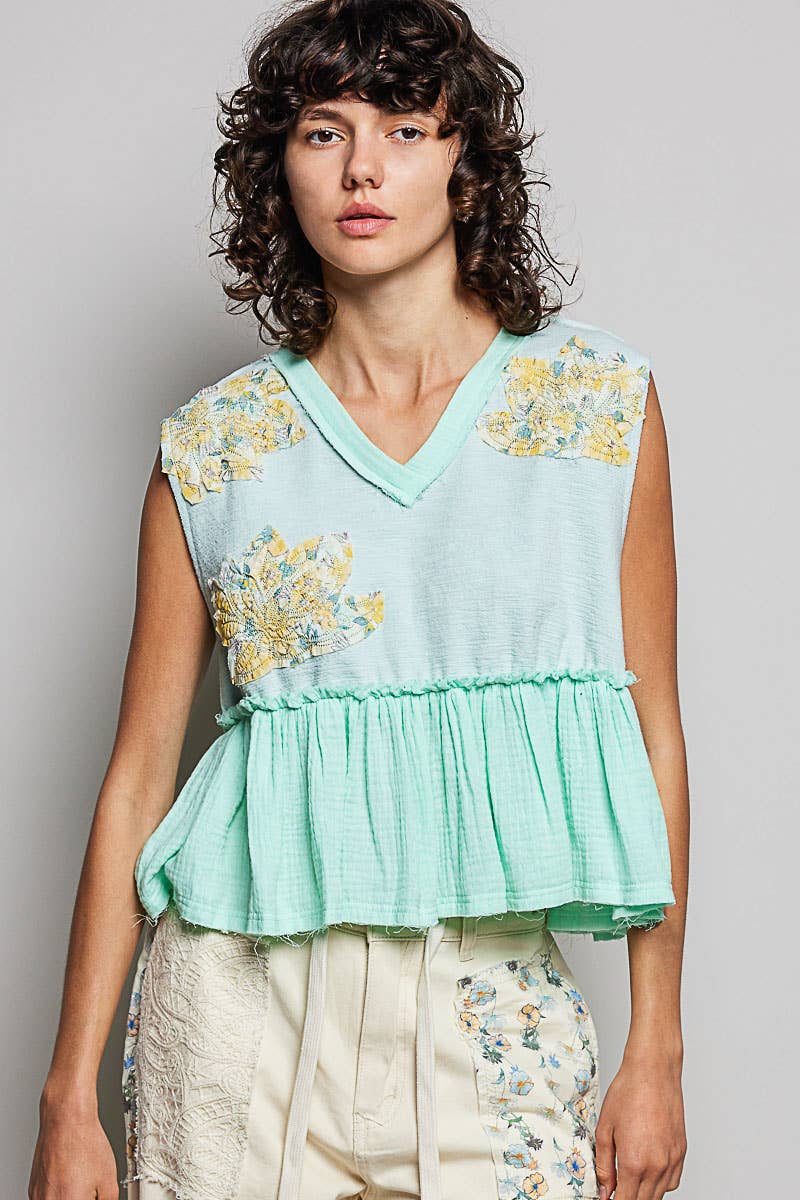 Boho Floral Patch V-Neck Sleeveless Top: NATURAL
