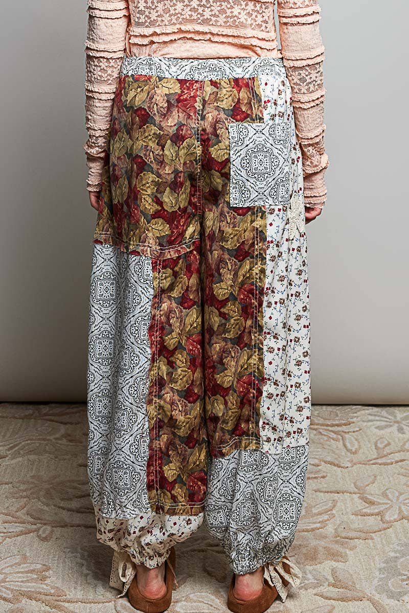 Crochet Patch Detail Contrast Patchwork Printed Woven Pants: CREAM MULTI / L