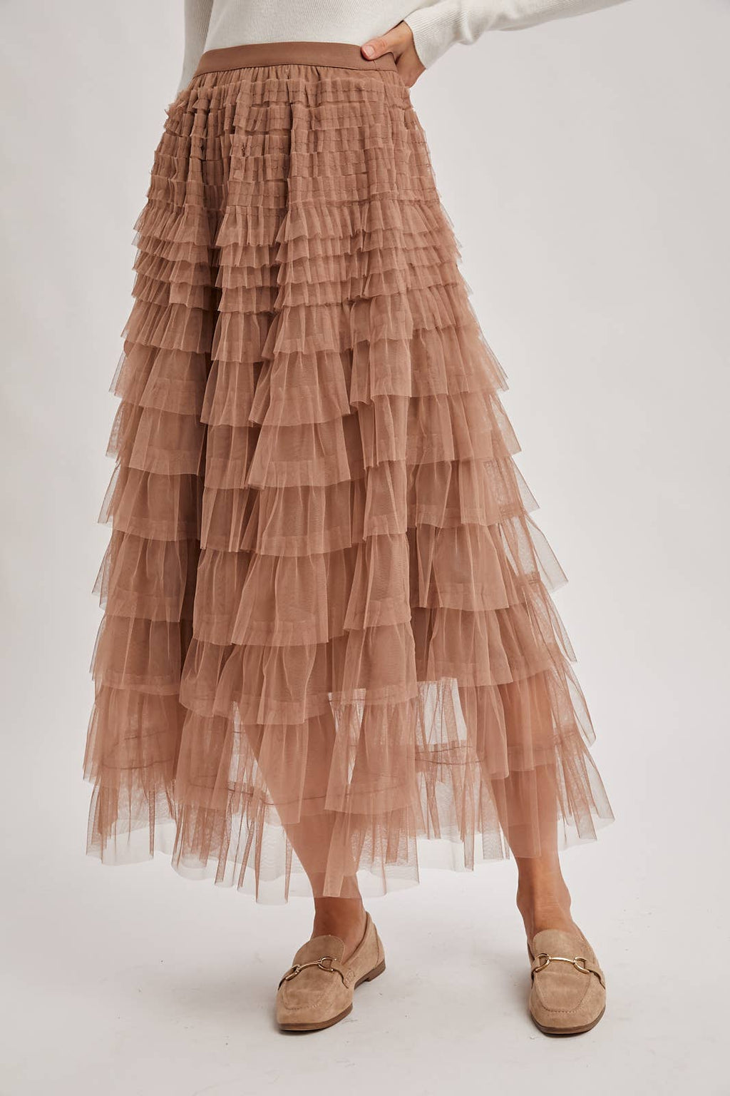 RUFFLED TULLE MIDI SKIRT: MAUVE / M