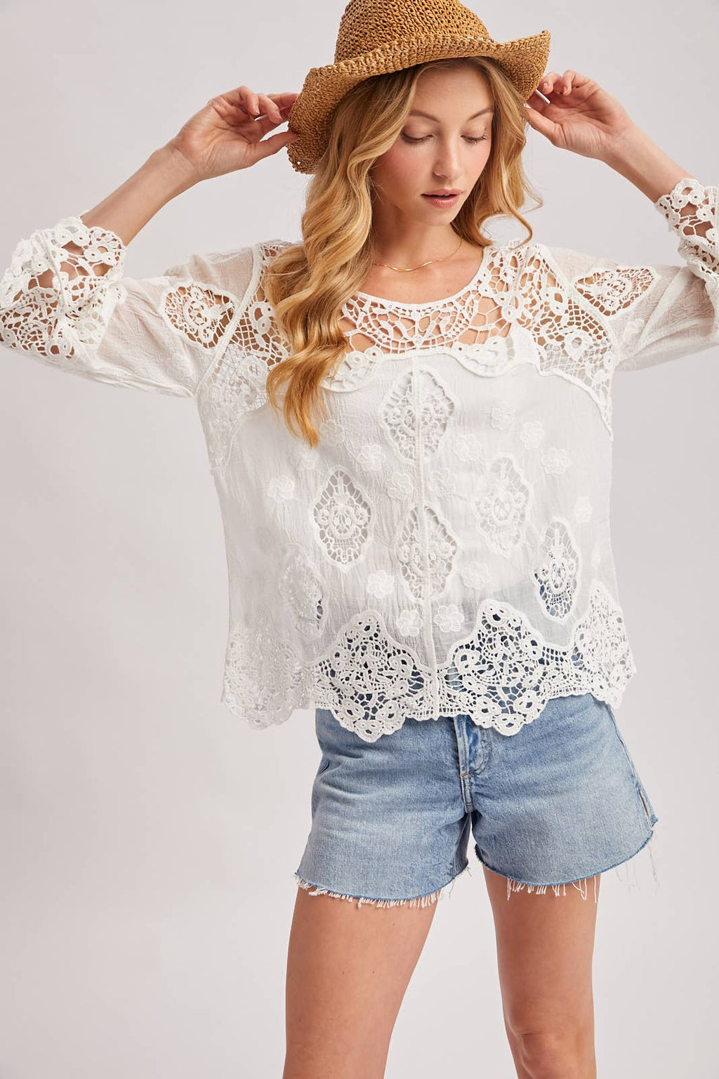 BOHO SHEER CROCHET 3/4 SLEEVED TOP - EASTER DAY: NATURAL / S