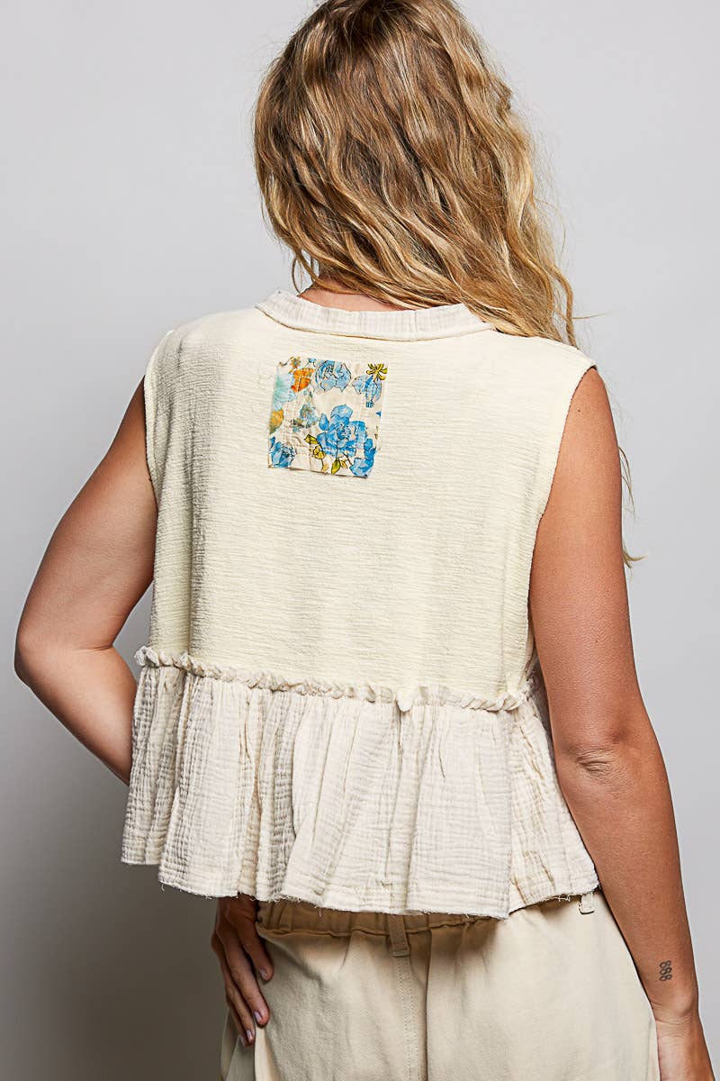 Boho Floral Patch V-Neck Sleeveless Top: NATURAL