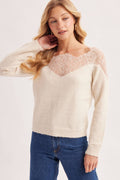 EYELASH LACE TRIMMED KNIT PULLOVER