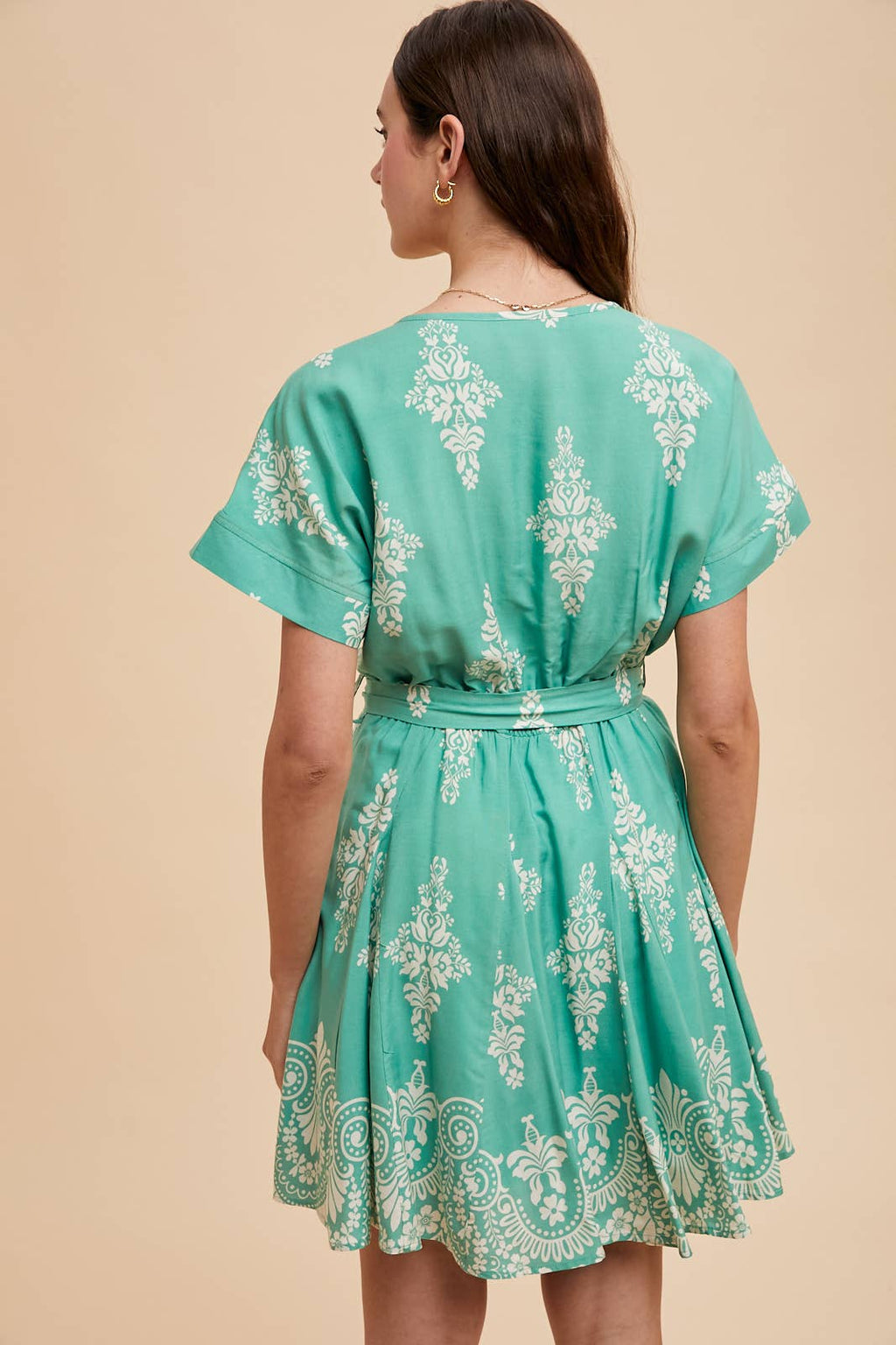 BORDER PRINT FLARED MINI DRESS: JADE