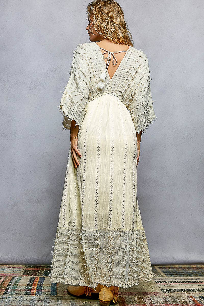 V-neck Metal Button Down Textured Linen Solid Maxi Dress: NATURAL / S