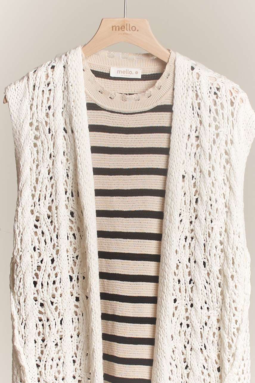 Sleeveless Crochet Long Cardigan with Fringe: Ivory / S