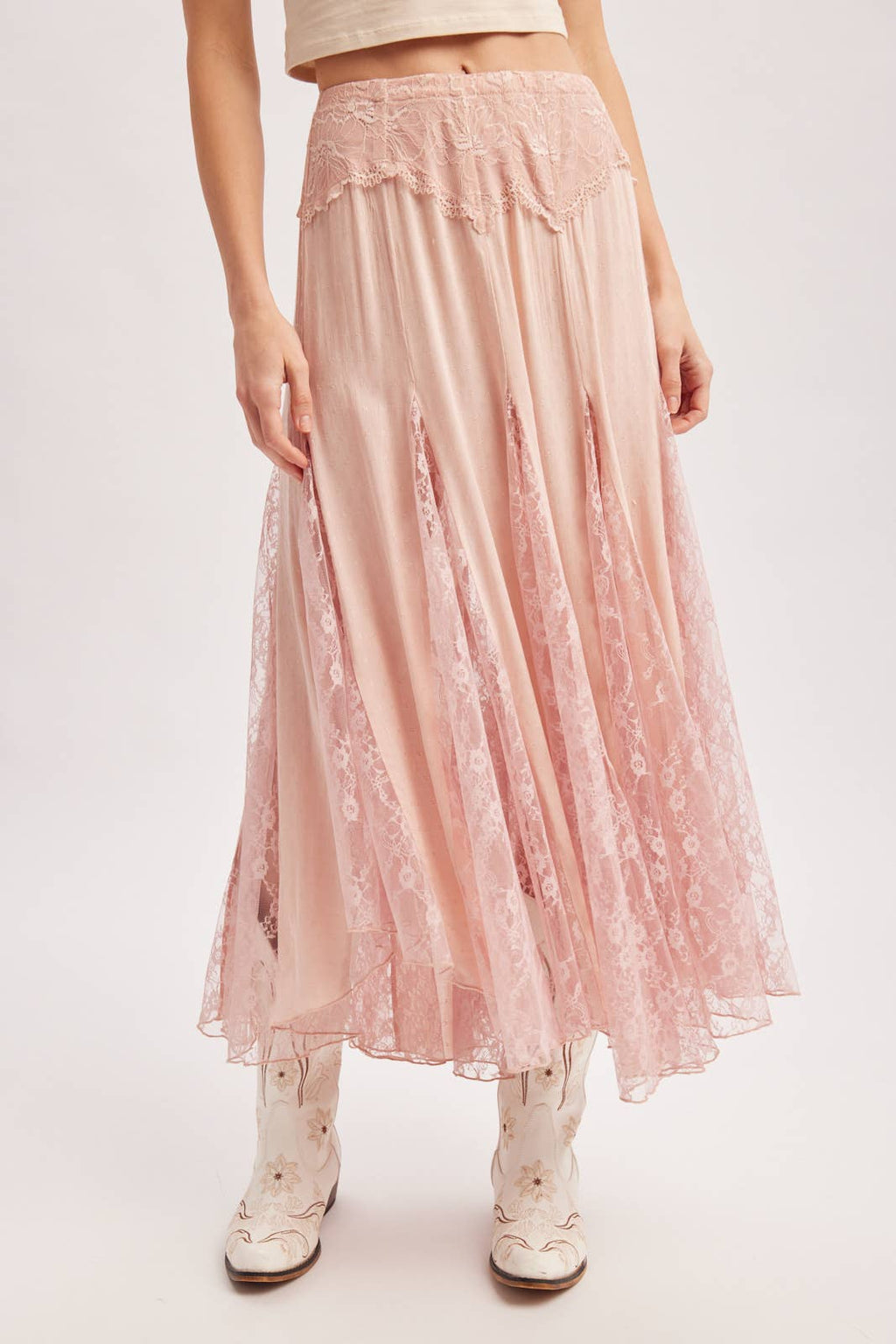 BOHO FLOWY LACE MAXI SKIRT WITH NO LINING - EASTER DAY: ECRU / S