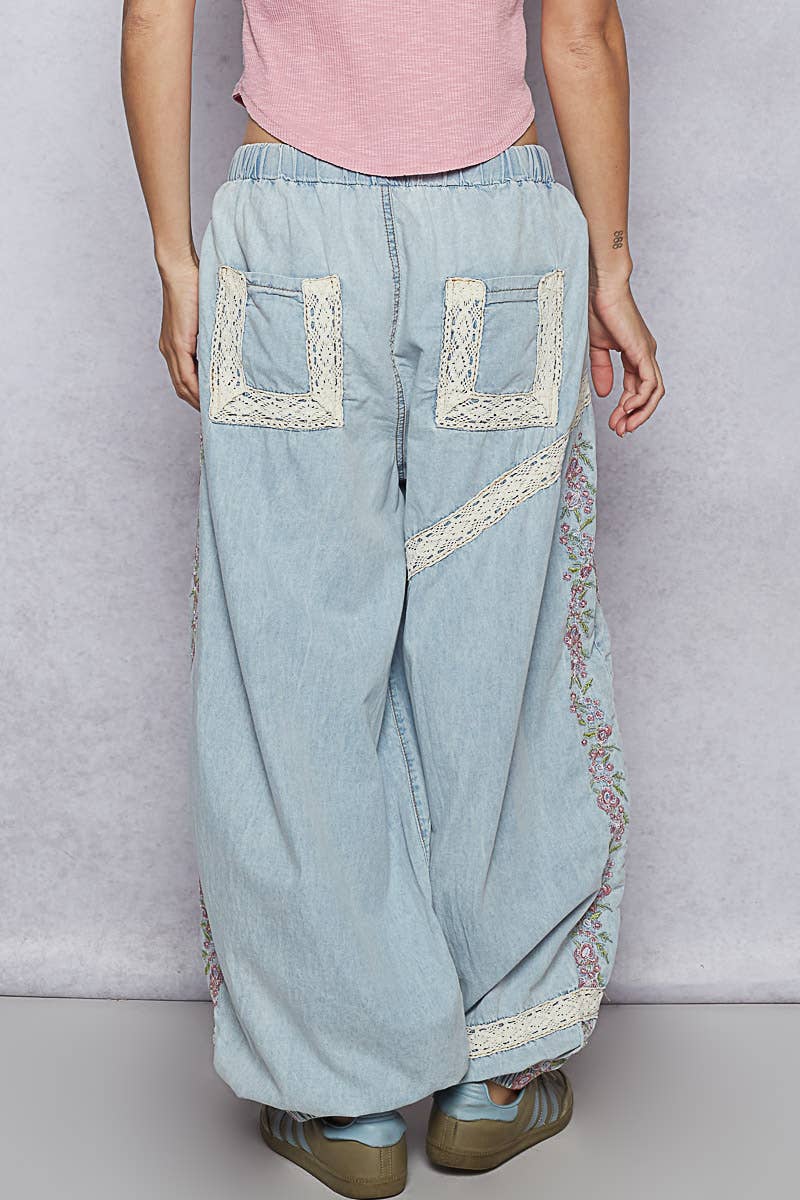 Vintage Washed Embroidery Trim Point Jogger Pants: NAVY CHARCOAL / L