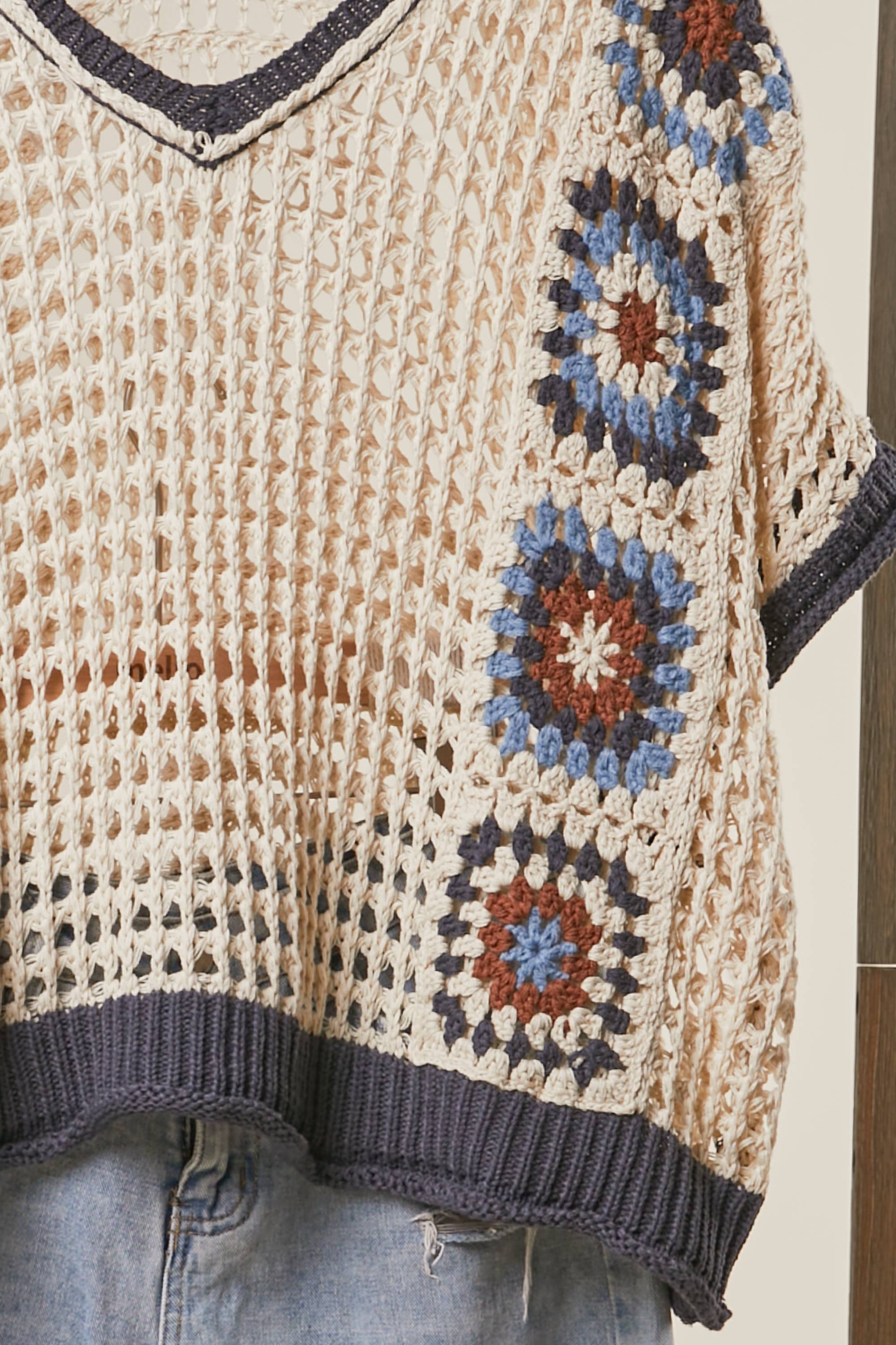 Boho Crochet Patchwork V Neck Short Sleeve Top: Navy