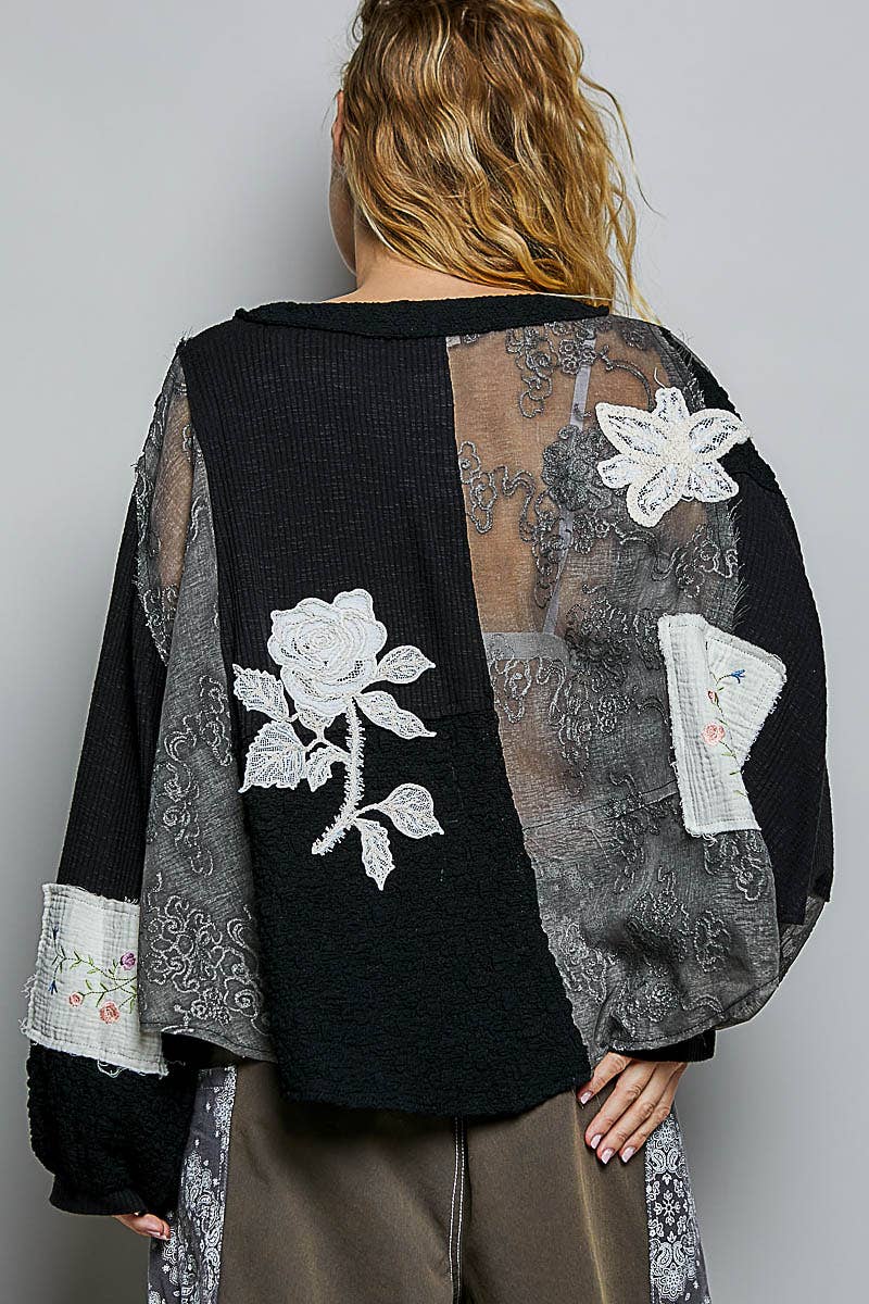 Round Neck Long Sleeve Crochet Embroidered Patch Lace Top: NATURAL / M