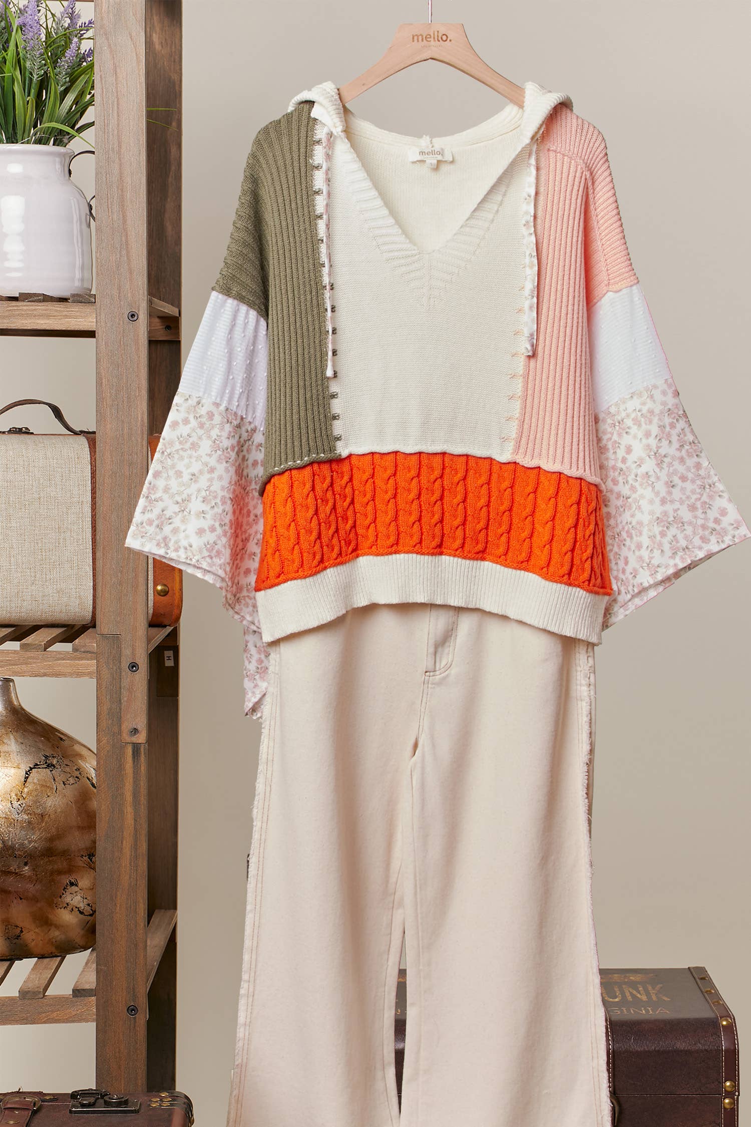 Color Block Crochet V Neck Hoodie: Multi
