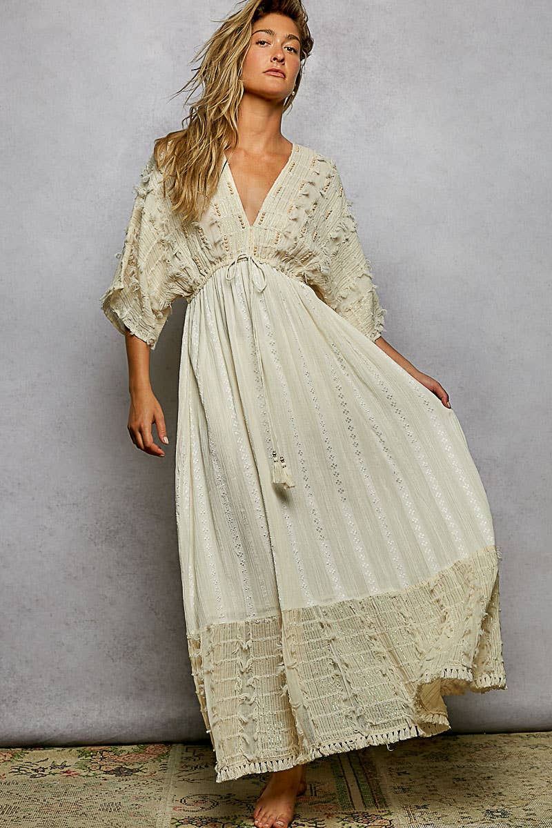V-neck Metal Button Down Textured Linen Solid Maxi Dress: NATURAL / L
