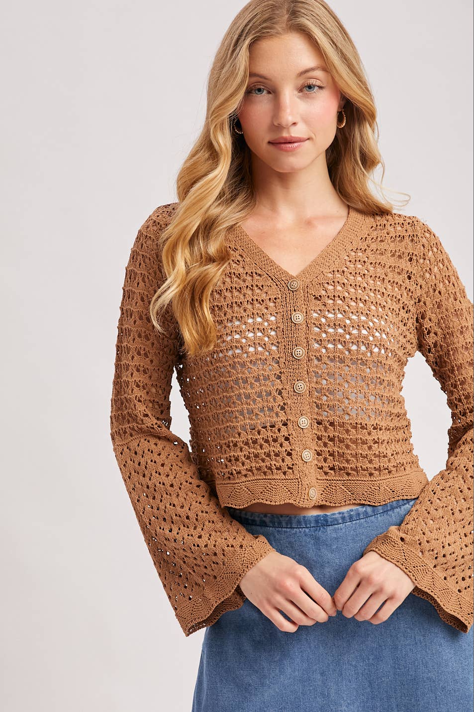 BUTTON DOWN OPEN-KNIT CROCHET CARDIGAN: MOCHA / S