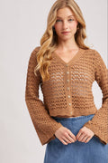 BUTTON DOWN OPEN-KNIT CROCHET CARDIGAN: MOCHA / L