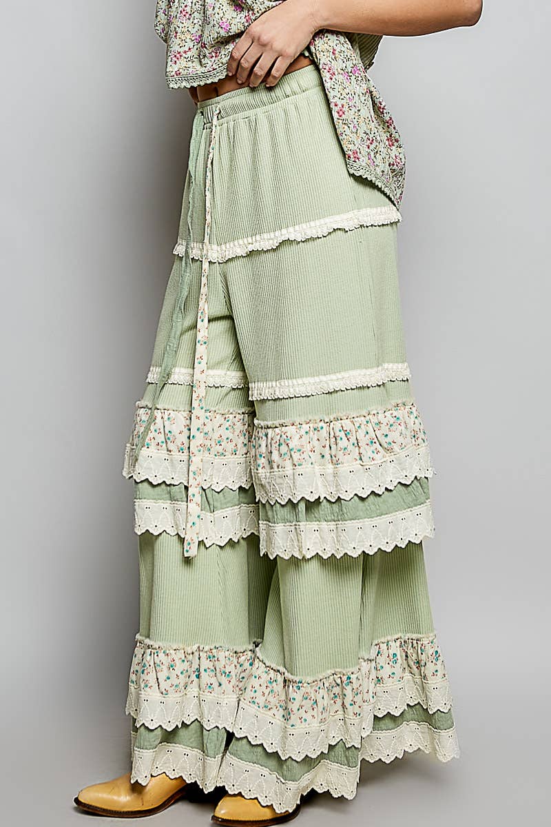 Floral Contrast Eyelet Ruffle Lace Trim Straight Knit Pants: BLUSH