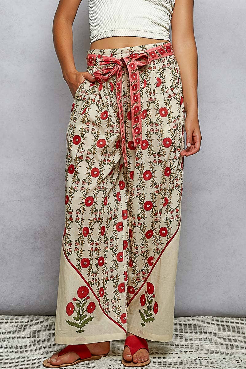 Waist Belt Floral Pattern Straight Fit Pants: CREAM MULTI / S
