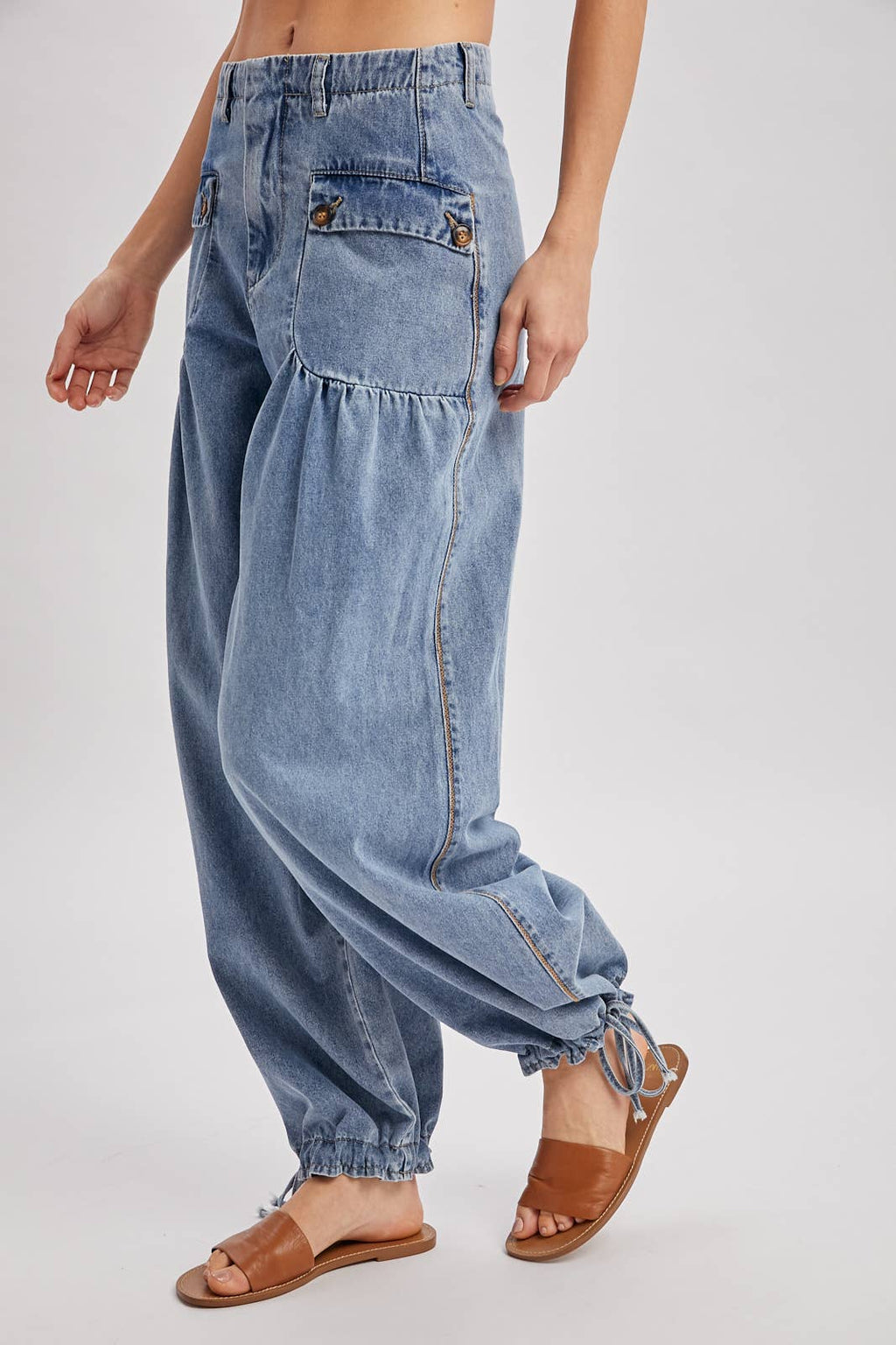 DENIM ANKLE DRAWSTRING BALLOON JEANS: DK.WASH / S